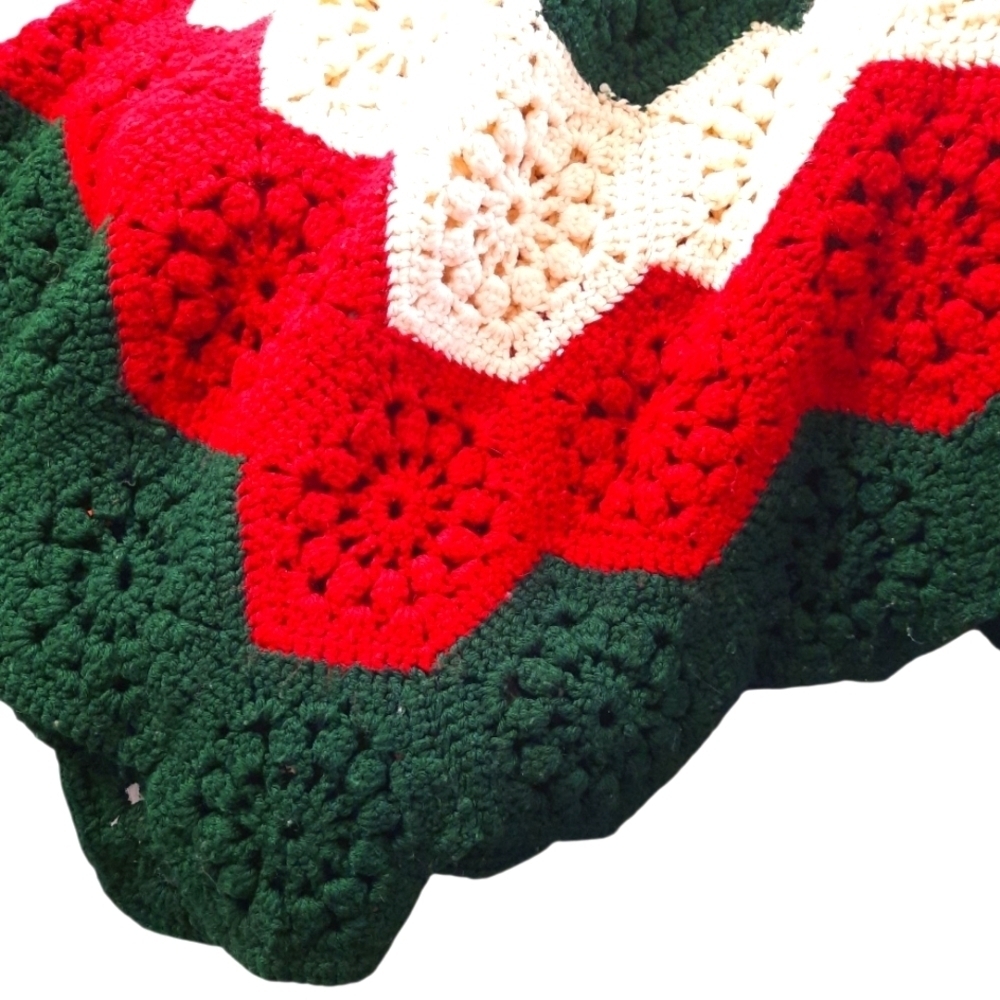 Handmade Crocheted Red, Green, Off White Afghan Or Throw Christmas Colors 36X48